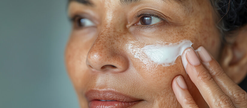 Anti-aging skin care. Elderly woman applying cream on face. Isolate on light background with copy space