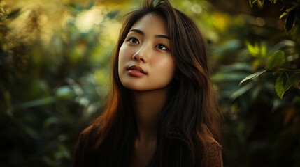 Fototapeta premium A woman with long dark hair is looking at the camera