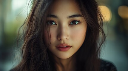 Naklejka premium A woman with long dark hair and a dark eye makeup