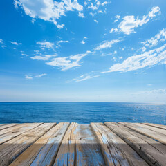Obraz premium Wooden Deck Overlooking a Blue Sea and Sky