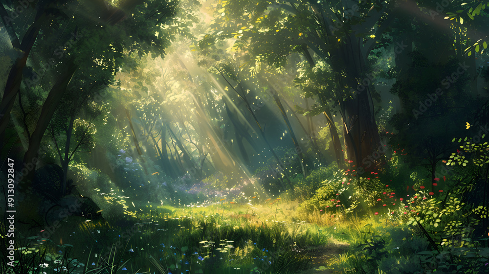 Aufkleber an enchanting forest glade with dappled sunlight filtering through the canopy