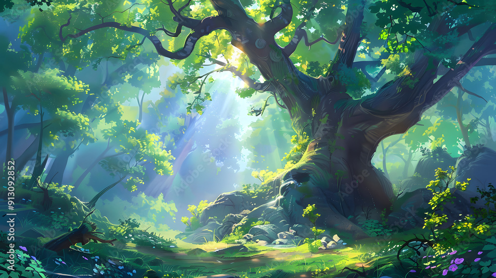 Poster an enchanting forest glade with dappled sunlight filtering through the canopy