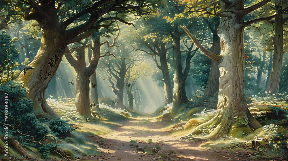 Poster an enchanting forest glade with dappled sunlight filtering through the canopy