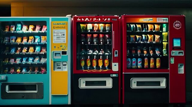 Row of Colorful Vending Machines with Snacks and Drinks