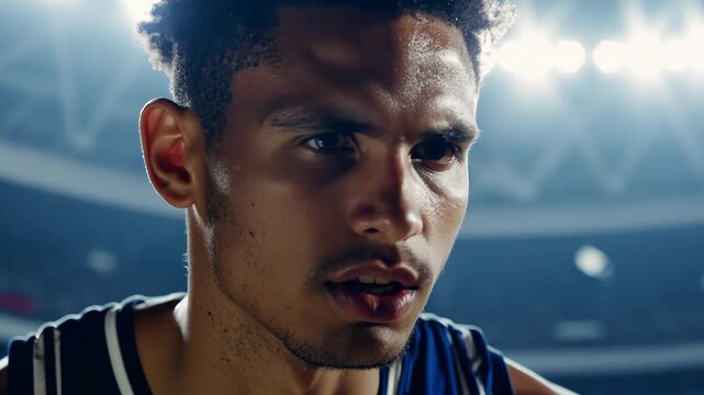 A player locks eyes on the hoop, determination visible in every feature, as the atmosphere buzzes with excitement in the final moments of a thrilling championship matchup.
