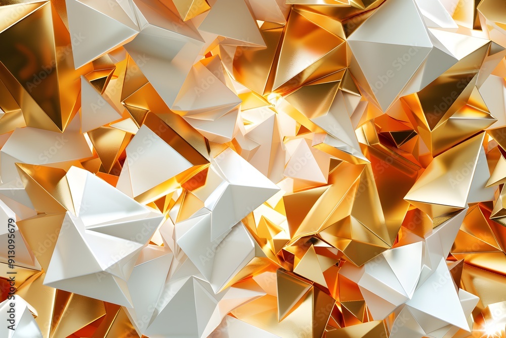 Poster a background of gold and white low-poly shapes, with sharp edges and smooth curves, creating an abst
