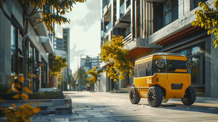 Fototapeta premium Self-driving delivery vehicle Autonomous robotic courier transporting packages in a modern urban setting