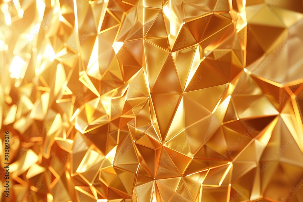 Poster a wall of golden low-poly shapes, each one reflecting light and creating an illusionary effect that 