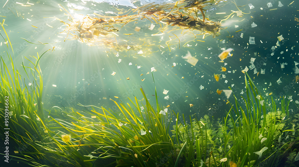 Wall mural An idyllic underwater meadow with seagrass swaying in the sunlit water. The disturbance of plastic fragments. 