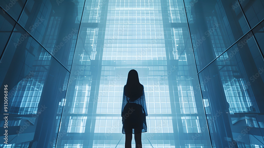 Poster an innovative architect showcases her designs using a 3d projection in a sleek gallery space.