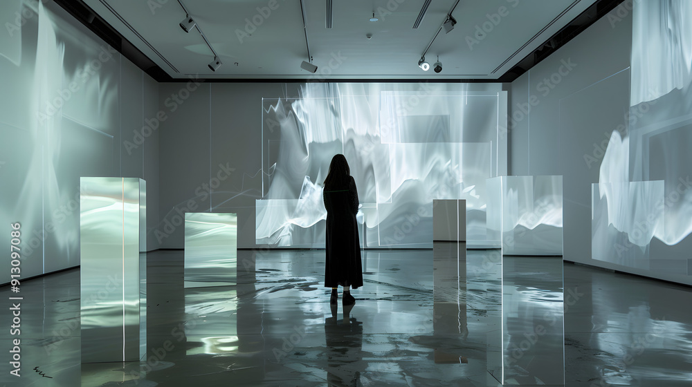 Poster an innovative architect showcases her designs using a 3d projection in a sleek gallery space.