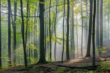 Fototapeta premium A forest with trees in the foreground and background. The trees are green and the sky is cloudy