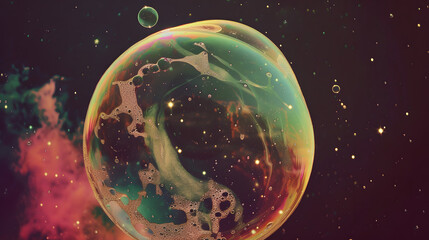 Fototapeta premium An iridescent soap bubble bursting with colorful patterns. Ephemeral beauty in design. Drifting through a twilight sky. 