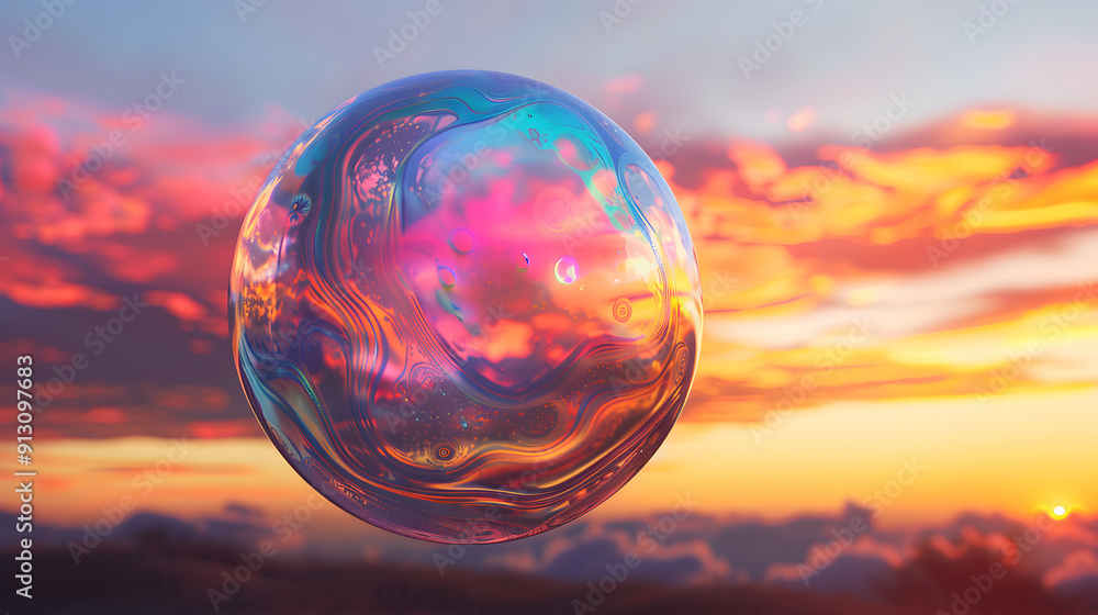 Poster an iridescent soap bubble bursting with colorful patterns. ephemeral beauty in design. drifting thro