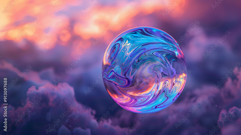 Poster an iridescent soap bubble bursting with colorful patterns. ephemeral beauty in design. drifting thro