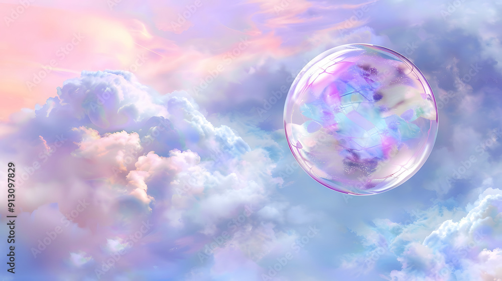 Poster an iridescent soap bubble bursting with colorful patterns. ephemeral beauty in design. drifting thro