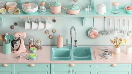 Unhygienic kitchen flat design top view sanitation theme 3D render colored pastel