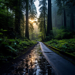 Obraz premium A serene wet road winding through a forest, illuminated by the warm hues of sunset.