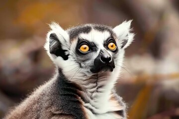 Obraz premium A lemur with yellow eyes stares at the camera. The animal has a white face and a black nose