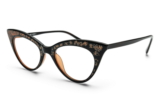 Stylish cat-eye glasses with decorative patterns on transparent background