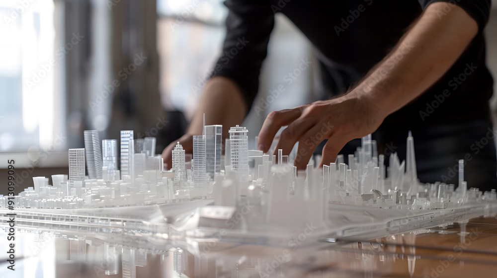 Poster an urban planner designing a floating city model with transparent materials. emphasis on delicate ha