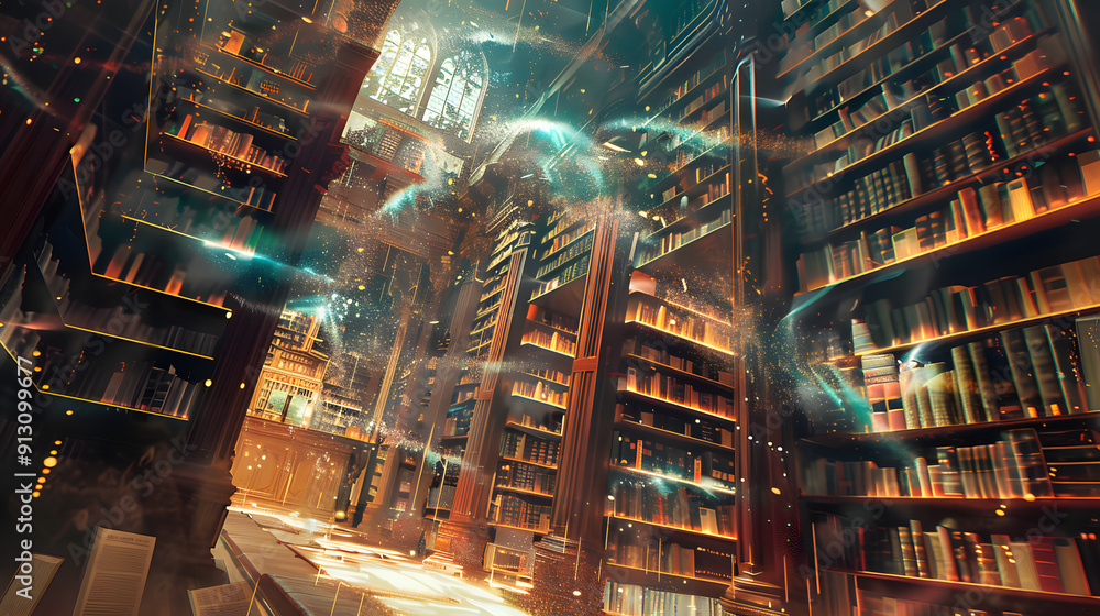 Poster ancient library with floating book avatars connected by shimmering ribbons of text