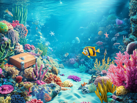 A vibrant 3D under the sea birthday party background with fish, coral reefs, and treasure chests, perfect for an aquatic celebration. Empty copy space included for text. AI