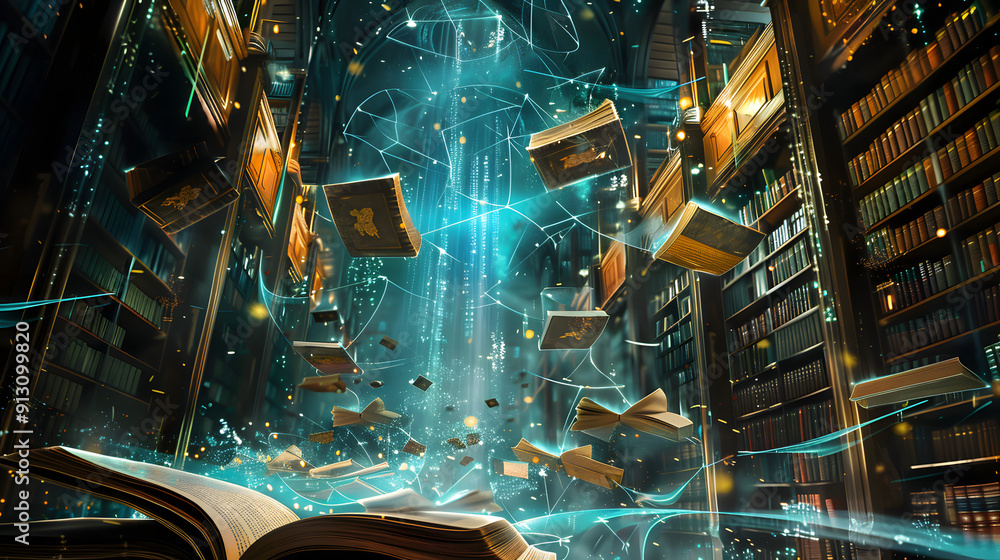 Aufkleber ancient library with floating book avatars connected by shimmering ribbons of text