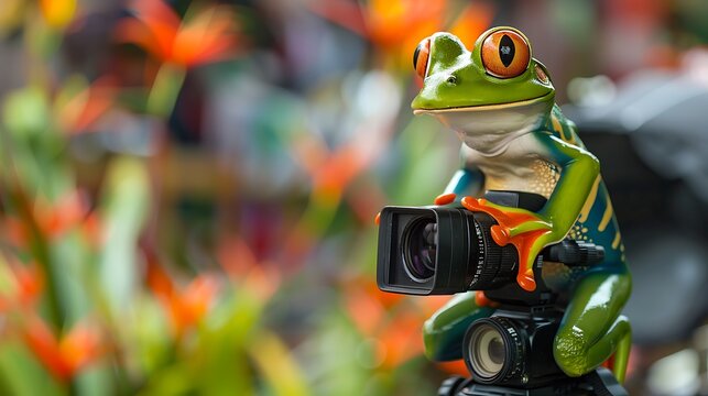 A frog as a news reporter broadcasting live