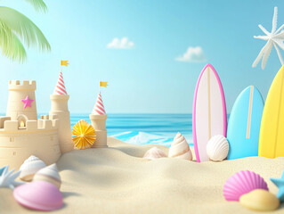 A sunny 3D beach party birthday background with sandcastles, surfboards, and seashells, ideal for a fun-filled seaside celebration. Empty copy space included for text. AI