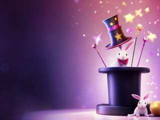 A captivating 3D magic show birthday party background with top hats, wands, and rabbits, perfect for a magical celebration. Empty copy space included for text.. AI