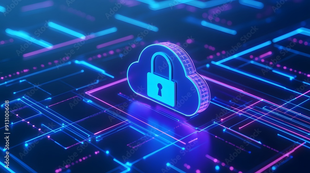 Poster digital cloud computing security with a glowing lock icon on a futuristic circuit board, representin
