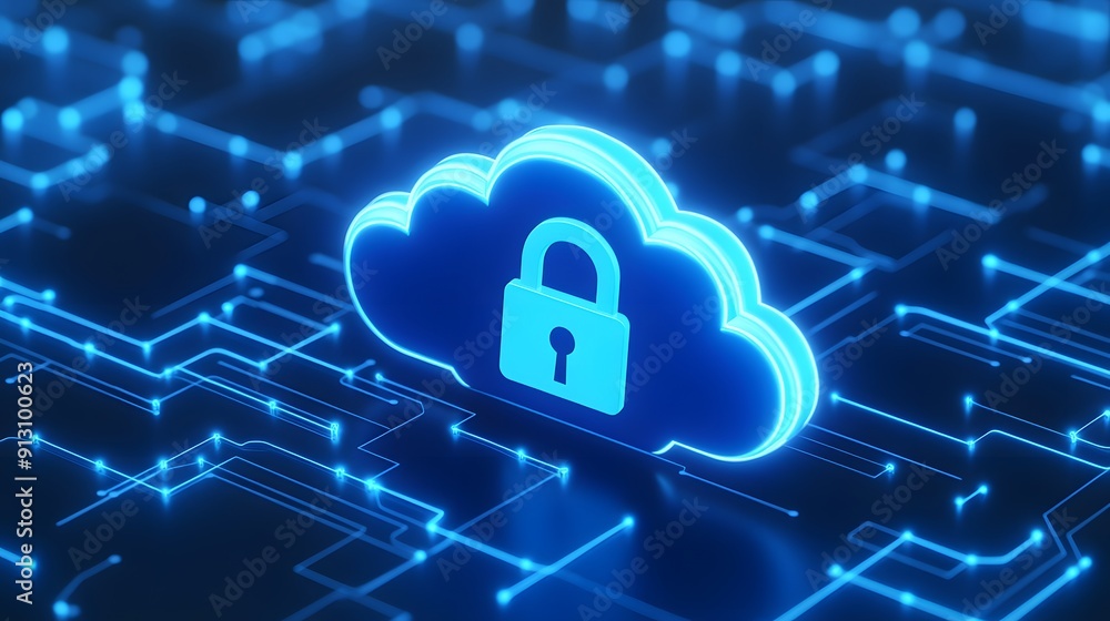 Poster digital cloud icon with a lock symbol representing data security and online privacy on a futuristic 