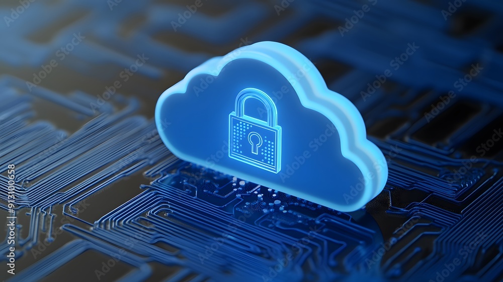 Poster digital cloud icon with a security padlock symbol, representing cloud data protection, on a circuit 