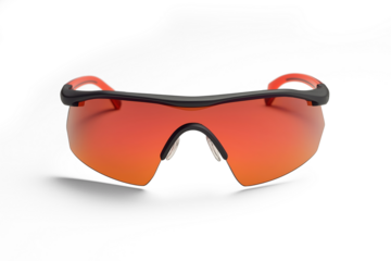 Stylish sports sunglasses with red mirrored lenses on transparent background