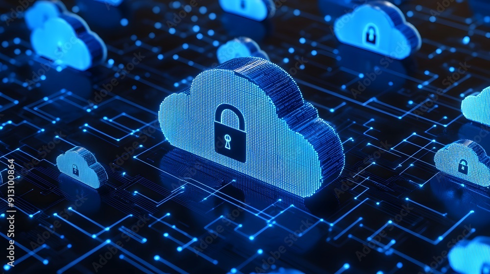 Poster digital cloud network with a lock icon representing data security, encryption, and secure cloud stor