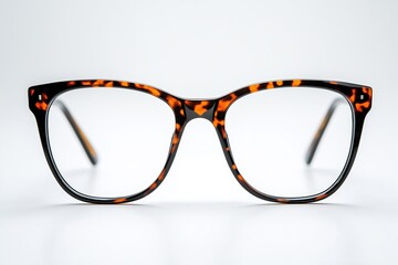 Pair of modern stylish tortoise shell eyeglasses resting on white surface