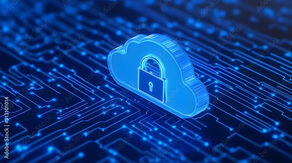 Poster digital cloud security concept with a cloud icon and a lock symbol on a futuristic circuit board bac