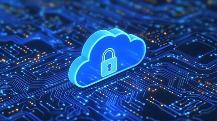 Digital cloud security concept with a lock symbol on a circuit board background, representing data protection and online safety.