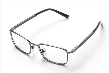 Modern eyeglasses resting on white background