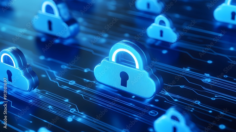 Poster digital cloud security concept with glowing padlocks and circuits, representing data protection and 