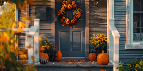 Obraz premium Front porch decorated for autumn with pumpkins and a wreath