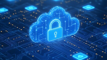 Digital cloud security concept with lock symbol. Protecting sensitive data through advanced technology and encryption in a virtual space.