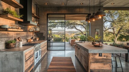 Obraz premium Brutalist Kitchen Interior with Concrete Countertops, Raw Wood Cabinets, and Industrial Lighting Fixtures