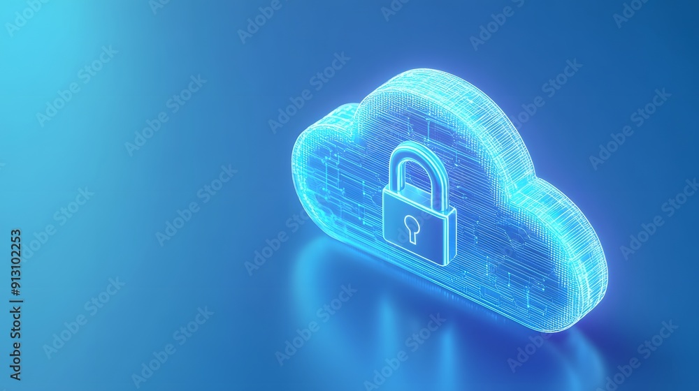 Poster digital cloud with a padlock symbolizing data security and cloud storage on a blue background