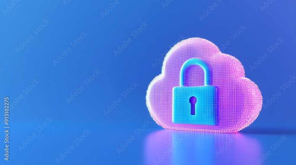 Poster digital cloud with a padlock symbolizing cybersecurity and data protection. blue and pink color sche