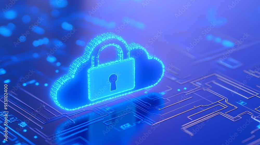Poster digital cloud with lock symbolizing cloud security and data protection in a high-tech, futuristic en