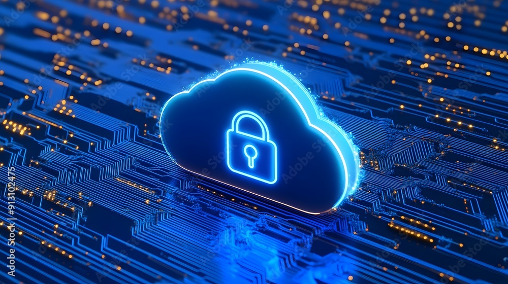 Poster digital cloud with security lock icon, representing online data protection and cyber security in a b