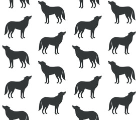 Vector seamless pattern of flat hand drawn wolf silhouette isolated on white background