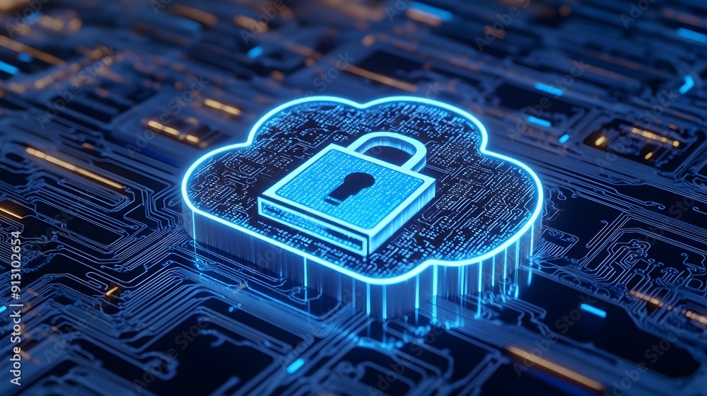 Poster digital cybersecurity concept with a glowing cloud and padlock symbolizing data protection and secur